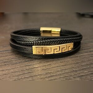 DG Men’s Stainless Steel 8" Black Braided Leather Magnetic Bracelet Gold plated